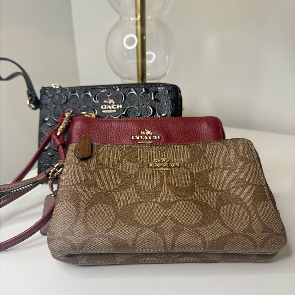 Coach Signature Brown Double Zip, Burgundy, and Black Clutches